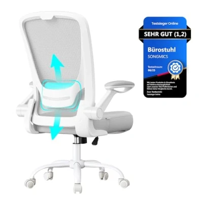 Abbildung von SONGMICS Bürostuhl ergonomisch, Drehstuhl mit Mesh, Lenden und Kopfstütze, Wippfunktion, 53 cm große Sitzfläche, klappbare Armlehnen, Arbeits Schlafzimmer, Studenten, hellgrau OBN037G02