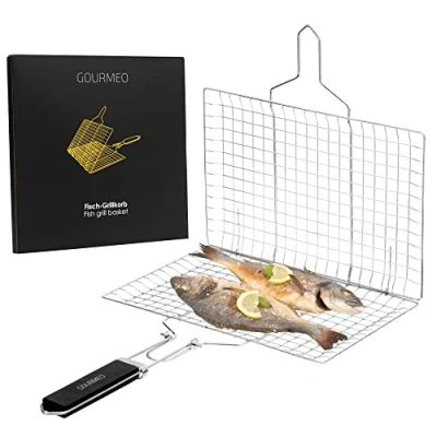 Abbildung von GOURMEO Edelstahl Grillschale Fisch, Fleisch &amp; Gemüse Grillkorb mit Holzgriff Bürste Rostfreie Zubehör Körbe zum Grillen für den Gasgrill und andere Grill Arten