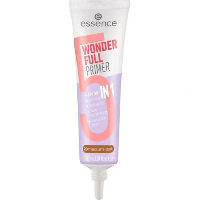 Abbildung von essence WONDER FULL PRIMER 5 IN 1, Nr. 20, Braun, feuchtigkeitsspendend, mattierend, pflegend, matt, vegan, ölfrei, UVA und UVB Filter + SPF 30, ohne Parabene, 1er Pack (30ml)
