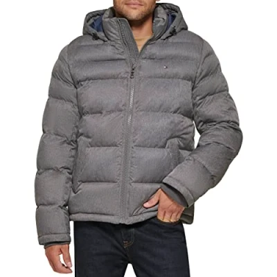 Abbildung von Tommy Hilfiger Herren Hooded Jacket Puffer Jacke mit Kapuze, Meliert, Grau, XS