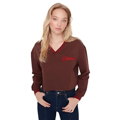 Abbildung von TRENDYOL Damen V Neck with Slogan Regular Sweatshirt, Brown, XS