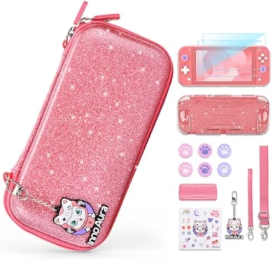 Abbildung von innoAura Switch Lite Tasche, 14 in 1 Zubehörset mit Tragetasche Rosa, Hülle, Bildschirmschutz, Case Aufbewahrung (Pailletten Rosa)