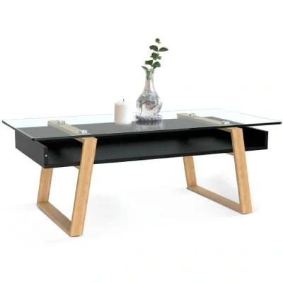 Abbildung von bonVIVO Couchtisch schwarz mit Glas Holz Materialmix Beistelltisch, Sideboard, Wohnzimmertisch Modern Minimalistisch Stilvoller Glastisch für Wohnzimmer, Schlafzimmer, Diele