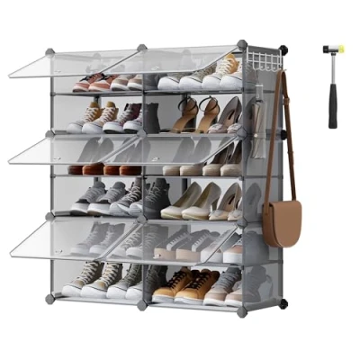 Abbildung von SONGMICS Schuhregal mit 6 Fächern, Schuhschrank, 30 x 40 cm pro Fach, schmal, Türen, Stahlrahmen, Kunststoff, für Flur, Schlafzimmer, Eingangsbereich, schiefergrau LPC033G01