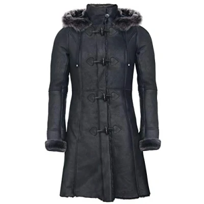 Abbildung von Infinity Leather Damen Merino Schwarz Shearling Schaffell Kapuze Dufflecoat 3XL