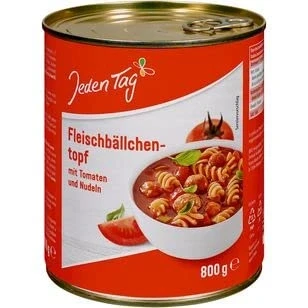 Abbildung von 6 Dosen a 800 g &quot;Jeden Tag&quot; Fleischbällchentopf Tomaten/Nudeln