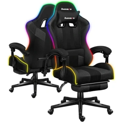 Abbildung von huzaro Force 4.7 RGB Mesh LED Beleuchtung Gaming Stuhl Bürostuhl Computerstuhl 90 140 Neigungswinkel Kopfstütze Lendenkissen Höhenverstellbar Fußstütze kg belastbar Stoff Schwarz