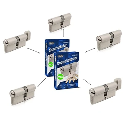 Abbildung von GERCAR Pro Schließzylinder MIX 5er gleichschließend nach Wunsch kombinierbar aus 5 Profilzylinder oder Knaufzylinder 60/70 / 80/90 mm inkl. 25 Schlüssel One Key System frei konfigurieren