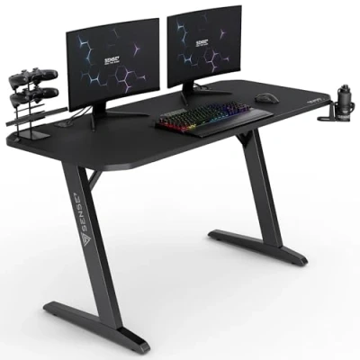 Abbildung von SENSE7 Schreibtisch Nomad Classic, Gaming Tisch 140x60, PC mit Kopfhörerhaken, Getränkehalter, Controller Halter, Computertisch Kohlefaseroberfläche, Ergonomischer Desk