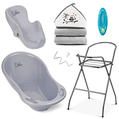 Abbildung von Babybadewanne mit Gestell, Bade Sitz, Kapuzenhandtuch, Thermometer und Abfluss 6 teiliges Baby Wannen Set aus BPA freiem Plastik für Neugeborene