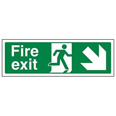 Abbildung von VSafety englisches Schild „Fire Exit“, Querformat, 300 x 100 mm, 2 mm Hartplastik, Pfeil nach rechts unten