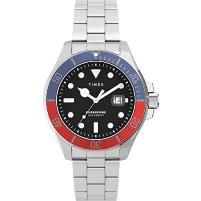 Abbildung von Timex Trend Mechanical Herren Armbanduhr, 43 mm, Edelstahlarmband, blaues Zifferblatt, silberfarbenes Gehäuse TW2V72100