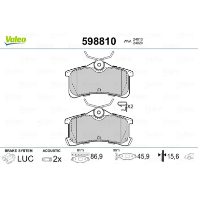 Abbildung von VALEO 598810 Bremsbelagsatz Hinterachse inkl. Verschleißwarnkontakt mit Anti Quietsch Blech TOYOTA: Corolla VIII Liftback, Avensis I Kombi