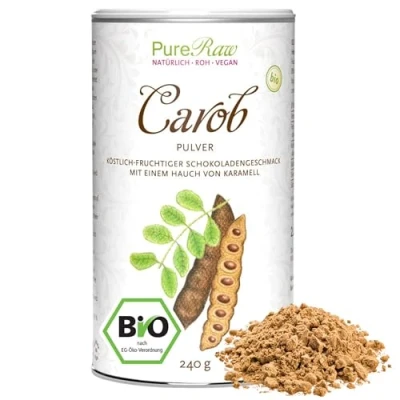 Abbildung von Carobpulver Bio Vegan Natürliche Süße, Ballaststoffreich, reich an Mineralien, Koffeinfrei Kakao Alternative für Trinkschokolade ohne Zucker Johannisbrot Pulver Bio, Carob Powder PureRaw 240g