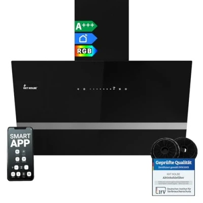 Abbildung von KKT KOLBE Dunstabzugshaube 80 cm 782 cbm/h Umluft Abluft Kopffrei Wandhaube Schwarz Glas Smart WiFi App WLAN RGBW LED Beleuchtung EASY8005SM