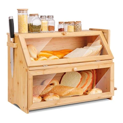 Abbildung von Leader Accessories Bambus Brotkasten 2 Etagen Brotbehälter mit Brotschneidebrett lebensmittelecht Brotaufbewahrung pflegeleicht 50x25x37cm