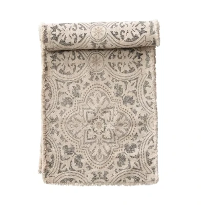 Abbildung von Bloomingville Grey and Cream Cotton Printed Table Runner with Frayed Edge Läufer, Baumwolle, grau