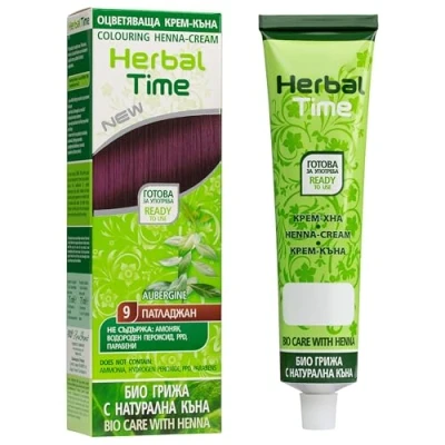 Abbildung von Herbal Time Henna Natürliches Farbcreme Farbe Aubergine Nº9 für Haare Deckt Graue ab Temporäre Färbung Ohne Ammoniak, Sulfate und Parabene 75 ml