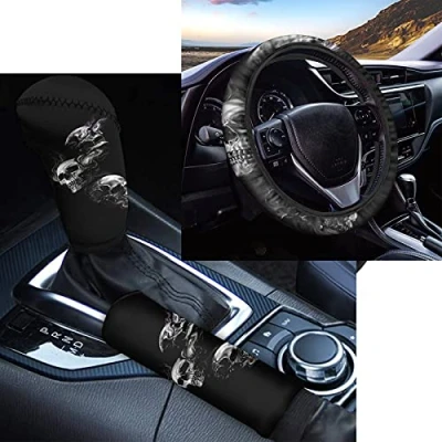 Abbildung von Biyejit Lenkradbezug mit Totenkopf Motiv, für Damen, universelle Passform, 35,6 38,1 cm, Handbremsabdeckung, Schaltung, Auto Dekoration