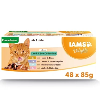 Abbildung von IAMS Delights Land &amp; Sea Collection, Nassfutter für Katzen in Soße, 48 x 85 g