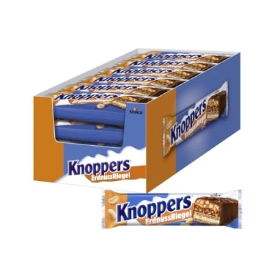Abbildung von Knoppers ErdnussRiegel 24 x 40g Waffelriegel mit Milchcreme, Erdnusscreme, gesalzenen, gehackten Erdnüssen und zartem Karamell, umhüllt von Vollmilchschokolade