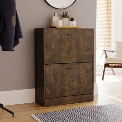 Abbildung von Vida Designs Schuhschrank mit 2 Schubladen, Schuhaufbewahrung, Organizer, ausziehbare Holzmöbel, Holzwerkstoff, Dunkles Holz, H 80 x W 60 D 24