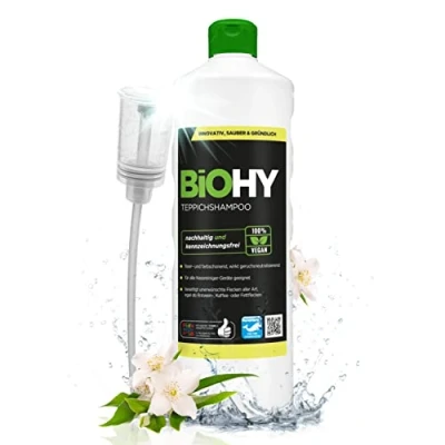 Abbildung von BiOHY Teppichshampoo (1l Flasche) + Dosierer Teppichreiniger Konzentrat ideal gegen hartnäckige Flecken materialschonend &amp; tierfreundlich effektives Bio Mittel kraftvoller Teppich Schaum