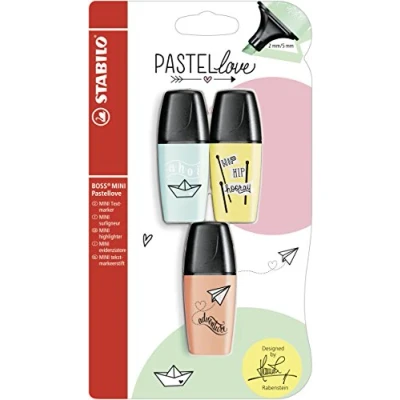 Abbildung von STABILO Textmarker BOSS MINI Pastellove 3er Pack zartes Türkis, pudriges Gelb, cremige Pfirsichfarbe