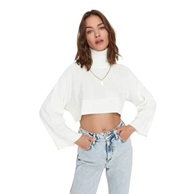 Abbildung von Trendyol Damen Einfarbiger Pullover mit Rundhalsausschnitt Sweatshirt, Natur, L
