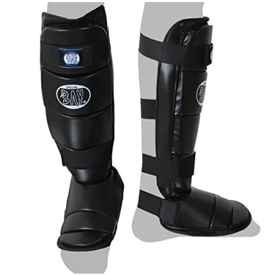 Abbildung von BAY Sports Schienbeinschutz Kampfsport Kickboxen Karate MMA Thaiboxen Muay Thai Allround schwa, Kunstleder, feucht abwischbar, S XL