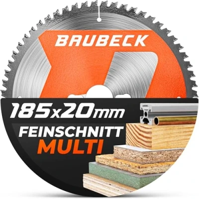 Abbildung von BAUBECK Sägeblatt 185x20 +16mm Adapter, 56Z, 1.6mm Feinschnitt in Holz &amp; Alu kompatibel mit Bosch, Evolution TACKLIFE PES01A 185x16, Kreissägeblatt