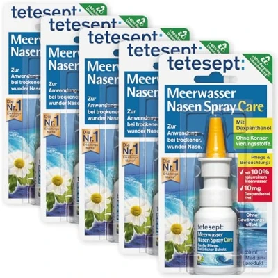 Abbildung von tetesept Meerwasser Nasen Spray Care Pflegendes &amp; abschwellendes Nasenspray für natürlichen Schutz Regeneration Nasenpflegespray bei Erkältung 5 x 20 ml