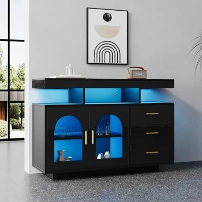 Abbildung von Merax Buffetschrank Sideboard mit LED Leuchten, Kommode Schrank 2 Türen und 3 Schubladen, Modern Beistellschrank Mehrzweckschrank, für Wohnzimmer Esszimmer Flur, Hochglanz Schwarz, 120x40x80cm