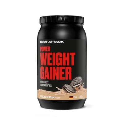 Abbildung von Body Attack Weight Gainer Cookies n Cream 1,5 kg Mass für Masseaufbau &amp; Muskelaufbau Mit Whey Protein, BCAA und Kohlenhydraten Dein fettarmer Masse Shake hochwertige Kalorien
