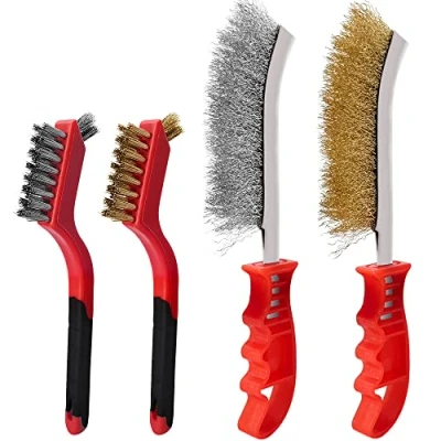 Abbildung von Handdrahtbürsten Set, 4 teilig, mit Edelstahlbürste und Messingbürste, Drahtbürste zum Reinigen von Rost, Farbe Schweißschlacke, 2 groß, klein, Stück