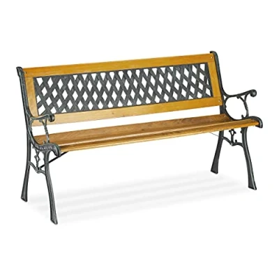 Abbildung von Relaxdays Gartenbank, 2 Sitzer, Holz &amp; Gusseisen, Balkon Terrasse, rustikale Sitzbank, HxBxT: 73x125x52 cm, Natur/grün