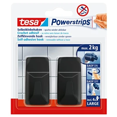Abbildung von tesa Klebehaken, (Packung, 5 St., inkl. 3 x Powerstrips Large Klebestreifen), Wandmontage ohne Bohren auf Kacheln, Glas, Kunststoff und mehr