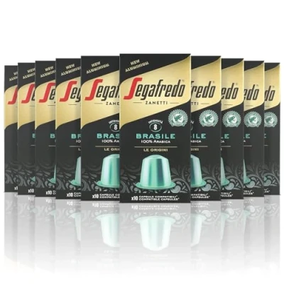 Abbildung von Segafredo Zanetti 100 Aluminiumkapseln kompatibel mit Nespresso®* Prozent Brasile Kaffee, weicher und sanfter Geschmack (10 Boxen je 10 Kapseln) Geeignet für Nespresso Original Maschinen