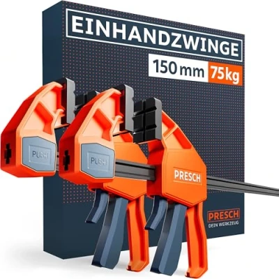 Abbildung von Presch Einhandzwingen 150mm 2 Stk. Zwingen Set mit 75kg Spannkraft für sofortiges Fixieren Robuste Schnellspannzwingen dank Carbonstahl &amp; glasfaserverstärktem Gehäuse Spreizfunktion