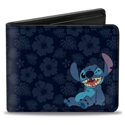 Abbildung von Buckle Down Herren Stitch Winking Pose/Tropical Flora Blues Reisezubehör Bi Fold Brieftasche, Mehrfarbig, Standard größe