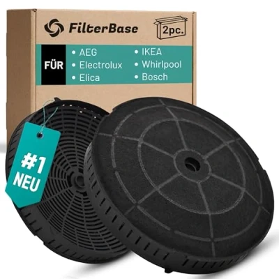 Abbildung von FilterBase® Aktivkohlefilter 2 Stück für AEG Electrolux 4055171138 4055217501 Elica CFC0038668 Typ 57 CFC0140343 Ikea NYTTIG FIL 440 Whirlpool 48400008824 Bosch 12020221 Siemens 10005582