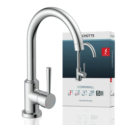 Abbildung von SCHÜTTE 79119 CORNWALL Küchenarmatur Niederdruck, Spültischarmatur mit hohem Auslauf, Einhebelmischer, energiesparend, 360 schwenkbar, Wasserhahn Küche, Armatur Spüle, Chrom