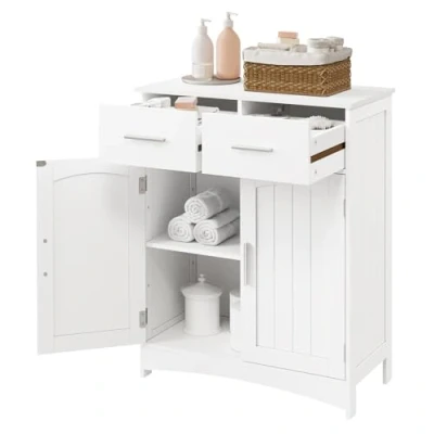 Abbildung von EUGAD Badezimmerschrank Badschrank Beistellschrank Kommode Mehrzweckschrank, mit 2 Schubladen Doppeltür, verstellbare Ablage, aus MDF, Weiß, 60x76x30 cm