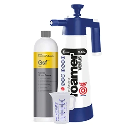 Abbildung von detailmate Vorreinungs Set: Koch Chemie GSF Gentle Snow Foam 1 Liter, Reinigungsschaum Shampoo Insektenlöser, Kwazar Super Foamer Alkaline für alkalische Substanzen + skalierter Messbecher 50 ml