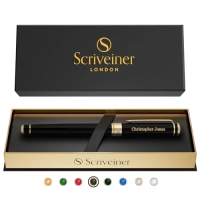 Abbildung von Scriveiner Schwarzer Tintenroller Personalisierter Stift Atemberaubender Luxus Tiefschwarzer Lack Und Gold Finish, Schmidt Tinte, Bestes Graviertes Geschenkset, Custom Name Gravur