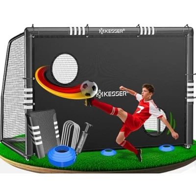 Abbildung von KESSER® Fußballtor Hochwertiges 240cm mit Torwand, Schusstraining UV beständigem Netz, Stahlrahmen Polsterung, Erdhaken, Luftpumpe, Hüttchen, Montagezubehör für Kinder und Erwachsene