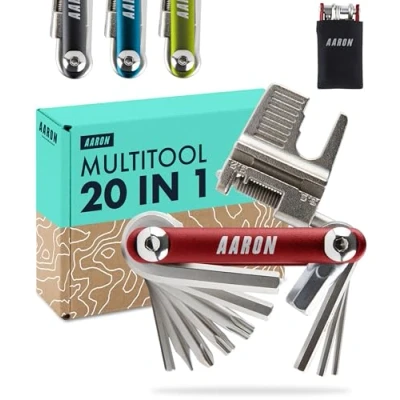 Abbildung von AARON Tool 20 in 1 Multitool Fahrrad Multifunktionswerkzeug aus rostfreiem Stahl/Aluminium faltbares Mini Fahrradwerkzeug mit vielen Funktionen praktisches Bike Rot