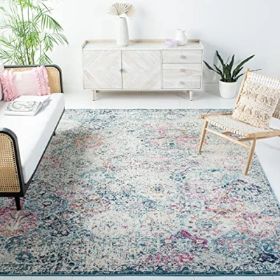 Abbildung von SAFAVIEH Distressed Teppich für Wohnzimmer, Esszimmer, Schlafzimmer Madison Collection, Kurzer Flor, Marineblau und Blaugrün, 155 X 229 cm