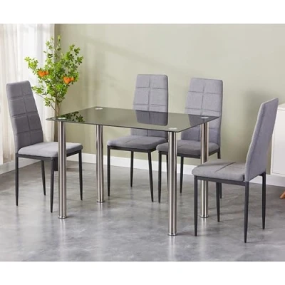 Abbildung von HOOZ Essgruppe fürs Esszimmer, Küche und Wohnzimmer Tischplatte 6 mm Sicherheitsglas, (Set, 5 tlg., Tisch mit 4 Stühlen), schwarz, Bezug Stühle grau
