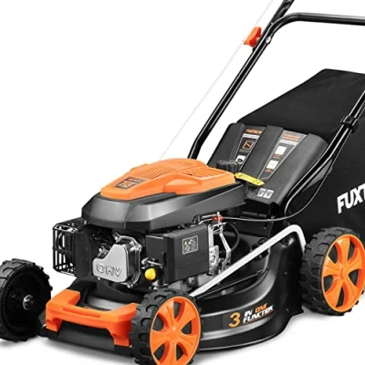 Abbildung von FUXTEC 3in1 Benzin Rasenmäher FX RM4646ECO 3,5PS / 2,6kW 46cm Schnittbreite &amp; 7 stufige Schnitthöhenverstellung 25 75mm 4 Takt Mäher Inkl. 50L Grasfangkorb, Mulchfunktion Reinigungsanschluss